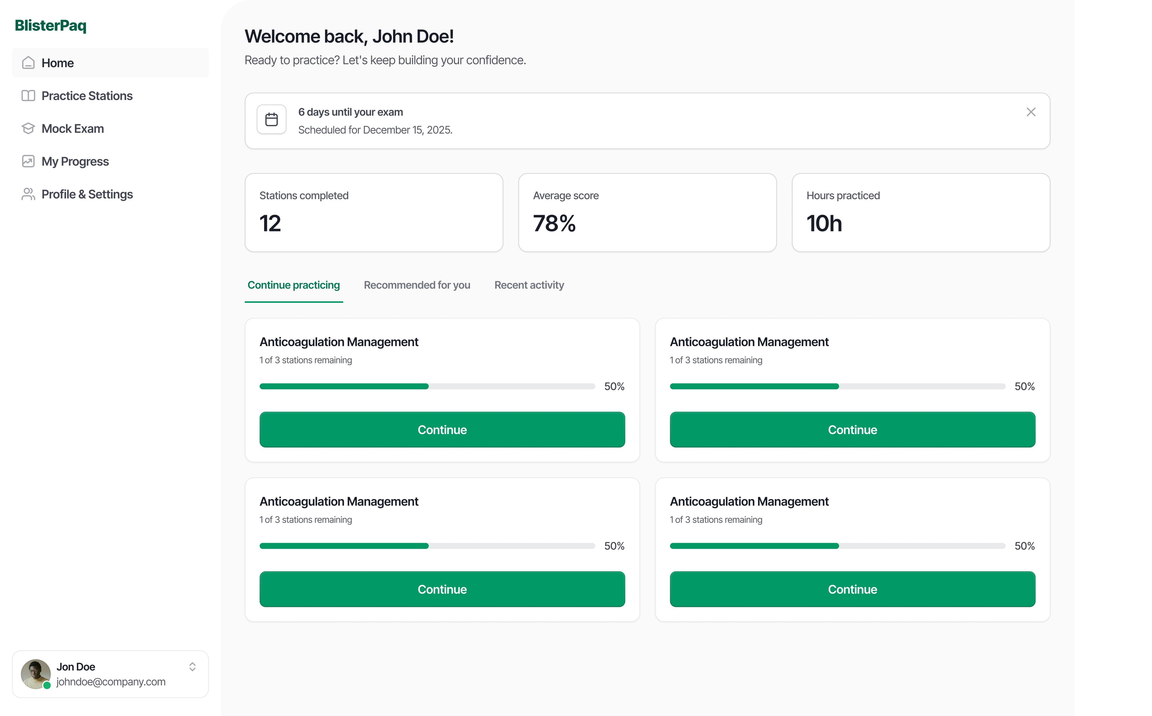 BlisterPaq dashboard — stations, progress, and sessions